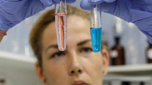 Une professionnelle du domaine médical examine deux éprouvettes dans un laboratoire.