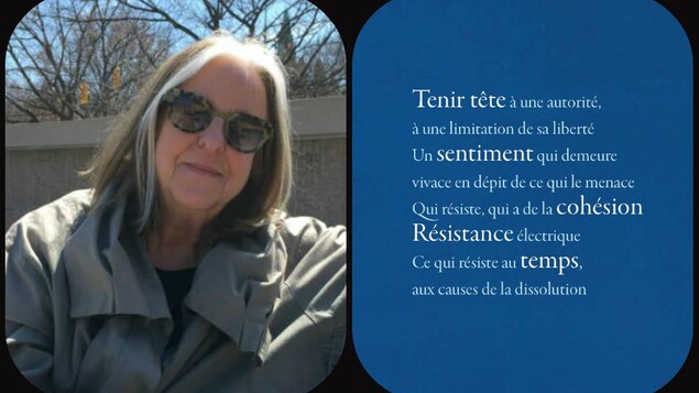 Andrée Lacelle (g) et pochette du recueil « Poèmes de la résistance » où il est écrit: «Tenir tête à une autorité, à la limitation de sa liberté - Un sentiment qui demeure vivace en dépit de ce qui le menace - Qui résiste, qui a de la cohésions - Résistance électrique-Ce qui résiste au temps, aux causes de la dissolution.»