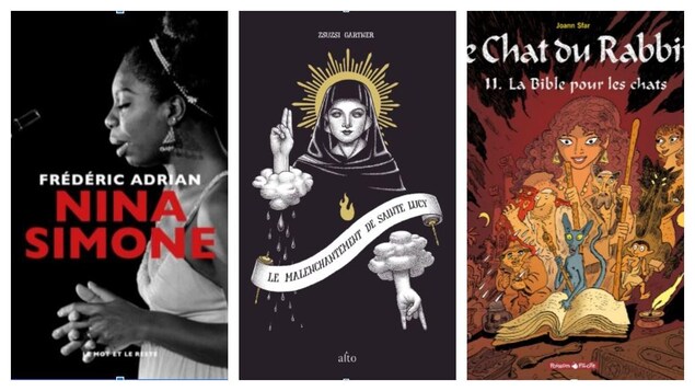 pages couvertures de 3 livres – Nina Simone – Le malenchantement de Sainte-Lucy –  Le chat du rabbin, tome 11, La bible pour les chats