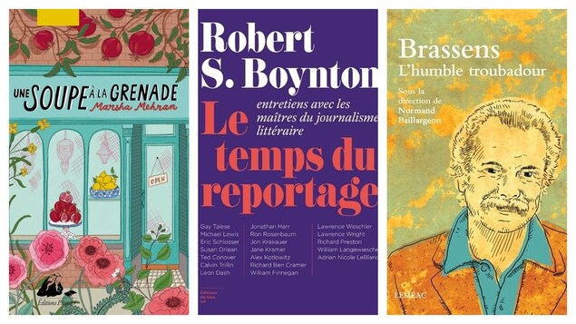 Pages couverture de 3 livres: Une soupe à la grenade – Le temps du reportage – Brassens L'humble troubadour