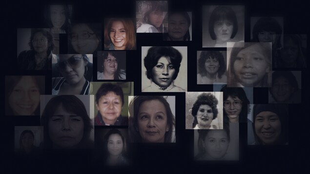 Un montage de plusieurs petites photos portraits de femmes et filles autochtones disparues.