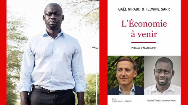 Felwine Sarr(g) et la page couverture de son livre L'économie à Venir.