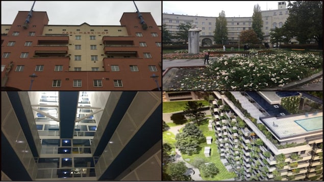Quatre photos d'immeubles à logements sociaux à Vienne.
Deux immeubles plus ancien et deux autres plus modernes