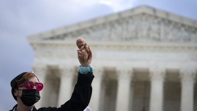 Une manifestante pro-choix brandit une poupée d'un fœtus devant la Cour suprême des États-Unis.