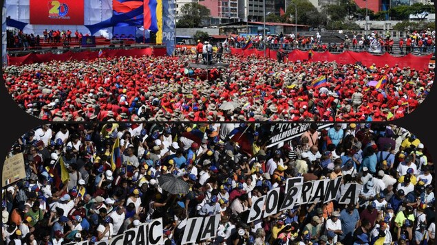 Des dizaines de milliers de vénézuéliens ont manifesté le 2 février, dans les rues de Caracas soit en soutien au Président Nicolas Maduro, pour célébrer les 20 ans de la « révolution bolivarienne » (haut), soit pour répondre à l’appel du chef de l’opposition Juan Guaido(bas).
