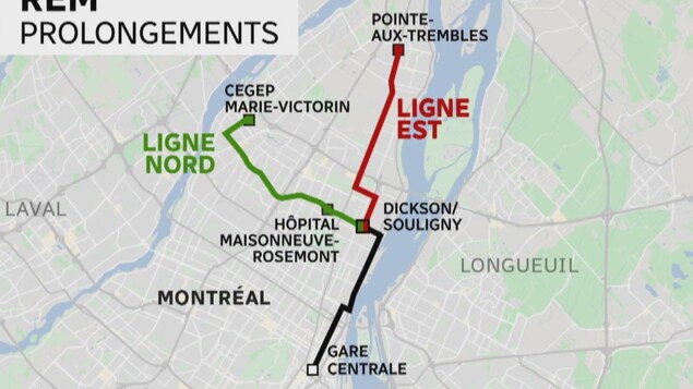 Un plan de Montréal schématisant les nouveaux tracés du REM. 