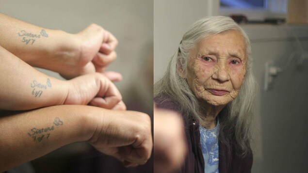 Le tatouage de trois des 7 sœurs Dubé et leur mère Délima à droite.