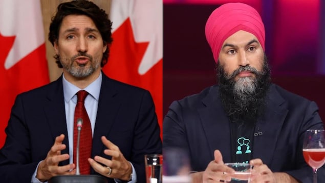 Justin Trudeau, le chef du Parti libéral du Canada à gauche et le chef du NPD  Jagmeet Singh à droite. 