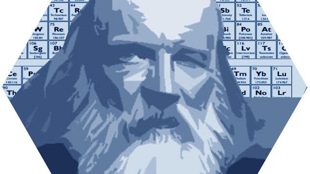 Un homme à la barbe blanche est dessiné en bleu devant un tableau périodique des éléments.