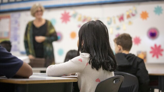 Des élèves assis à leur bureau. L'enseignante est debout à l'avant de la classe.