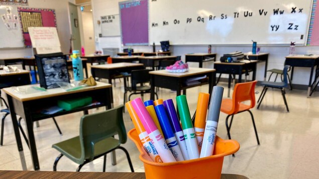 Gros plan sur des crayons-feutre sur un pupitre dans une classe d'école vide.