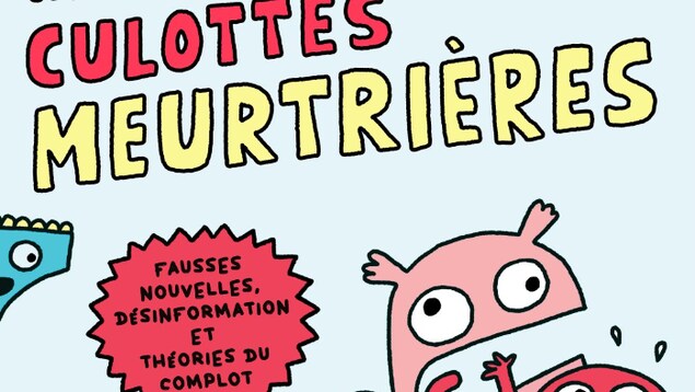 Sur la page couverture de la bande-dessinée Alerte : culottes meurtrières, d'Élise Gravel, trois personnages de la BD fuient devant des sous-vêtements à leurs trousses.