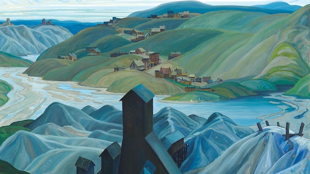 Une peinture dans les teintes de bleu montrant une infrastructure industrielle, des montagnes, une rivière et des nuages.