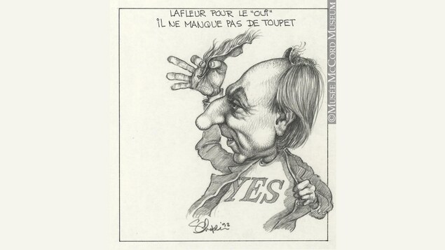 Une caricature de Guy Lafleur tenant son toupet dans la main et portant un chandail sur lequel on peut lire « yes ».