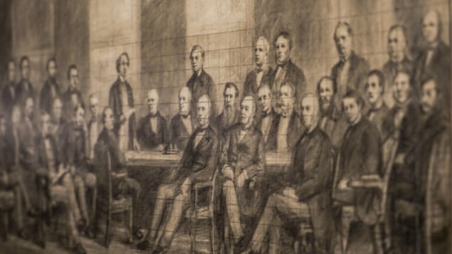 Un tableau représentant les Pères de la Confédération, avec un quadrillage.