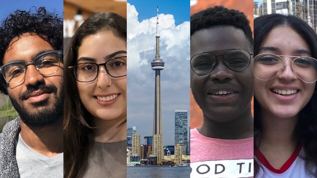 Les participants au projet "Mon Toronto". De gauche à droite : Toufeeq Alayoubi, Brenda Maria Ousnounts, Aymerik Delanyo Da Matha Sant’anna et Wiam Abrouq.