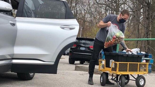 Un homme s'apprêtre à remplir une voiture de nourriture.