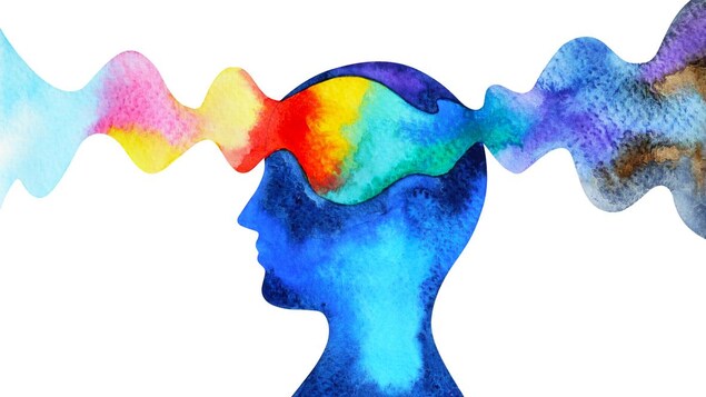 Dessin d'un personnage de profil dont le cerveau est traversé par des ondes colorées. 