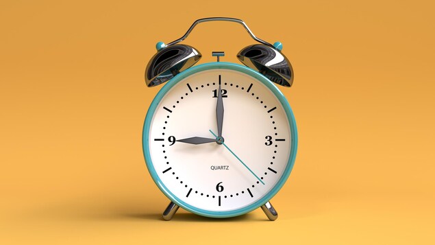 Un réveille-matin analogique constitué d'une horloge blanche au contour bleu surmontée de deux cloches en métal chromé.