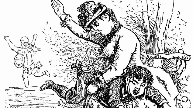 Illustration d'une femme qui administre une fessée à un garçon, tandis qu'une fille court au loin, les bras levés.