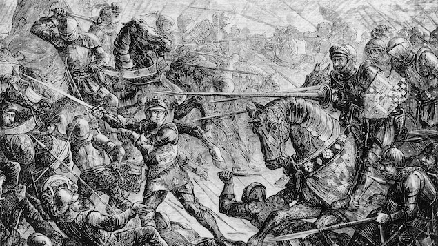 Gravure en noir et blanc représentant la bataille de Towton, en 1461.