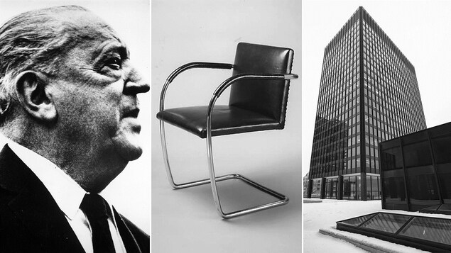 L'architecte Ludwig Mies van der Rohe, avec deux de ses créations : la chaise BRNO (ca. 1930) et un des édifices du complexe Westmount Square, à Montréal.