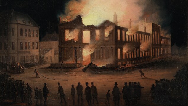 Détail d'une peinture illustrant l'incendie du parlement de Montréal, en 1849