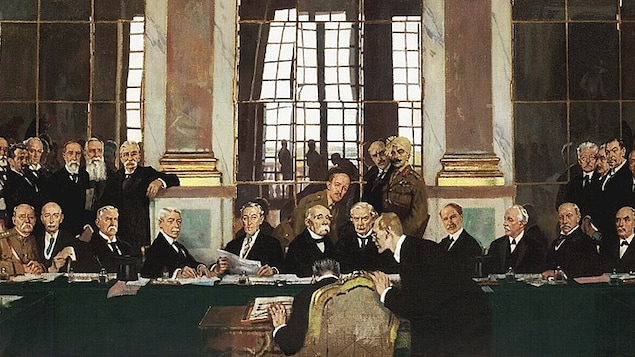 Peinture illustrant la signature du traité de Versailles. Peinture illustrant la signature du traité de Versailles.