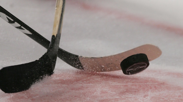 Deux bâtons de hockey et une rondelle, lors d'une mise au jeu. 