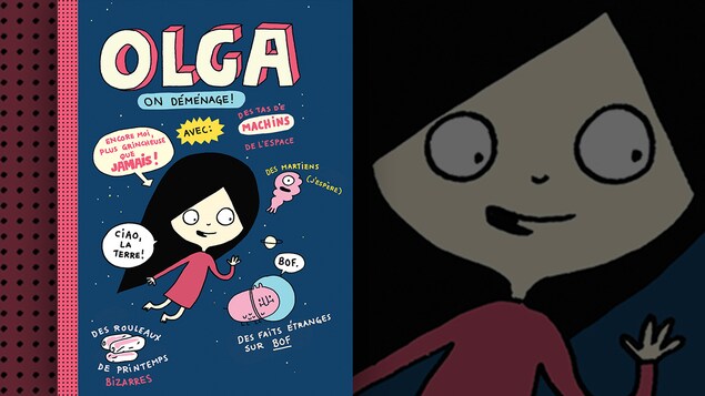 Détail de la couverture du livre « Olga : on déménage! » d'Élise Gravel : illustration représentant une petite fille dans l'espace entourée de phylactères et de petites créatures bizarres. Détail de la couverture du livre « Olga : on déménage! » d'Élise Gravel : illustration représentant une petite fille dans l'espace entourée de phylactères et de petites créatures bizarres.