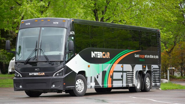 Un autobus du service de liaison Intercar dans un stationnement entouré d'arbres, en été.