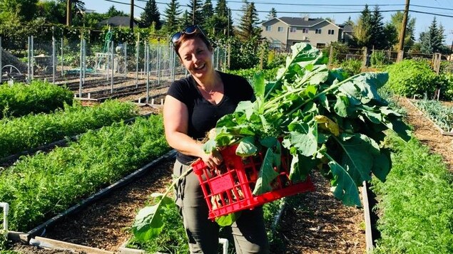 Une horticultrice au milieu d'un immense jardin, elle tient dans ses mains un panier de légumes.