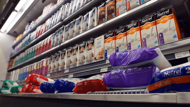 Cartones y bolsas de leche en un supermercado canadiense.