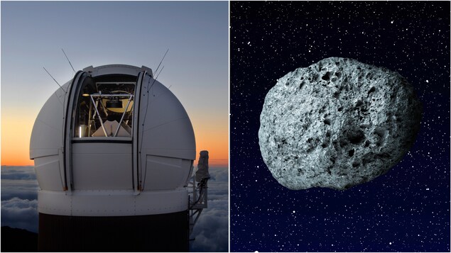 Le télescope Pan-STARRS1 ainsi qu'une représentation d'astéroïde.