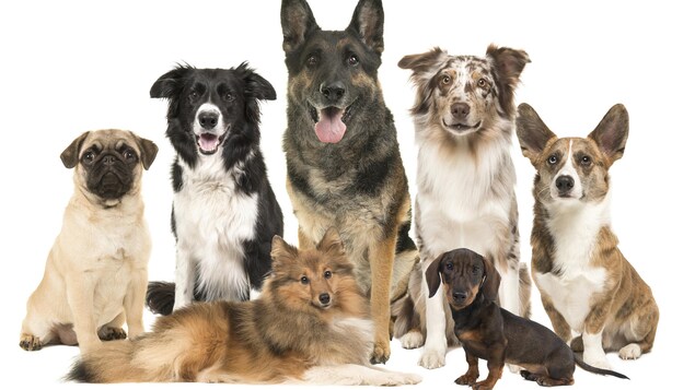 Un groupe de chiens de plusieurs races différentes.