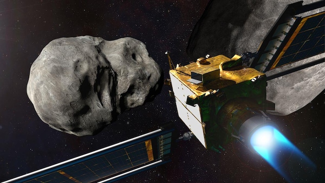 Représentation du satellite DART fonçant vers un astéroïde.