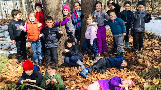 Un groupe d'enfants du primaire en forêt.