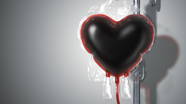A blood bag looks like heart on the stand. Include a clipping path. 3D render.