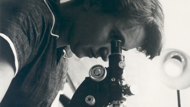 Rosalind Franklin à un microscope.