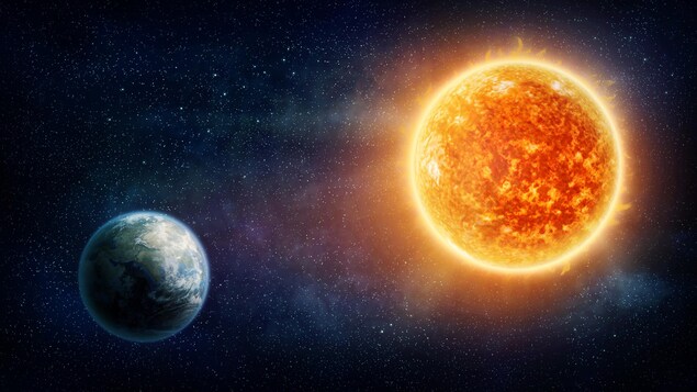 Une illustration du cosmos avec la Terre et le Soleil.