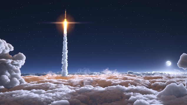Une illustration artistique d'une fusée s'élevant au-dessus des nuages.