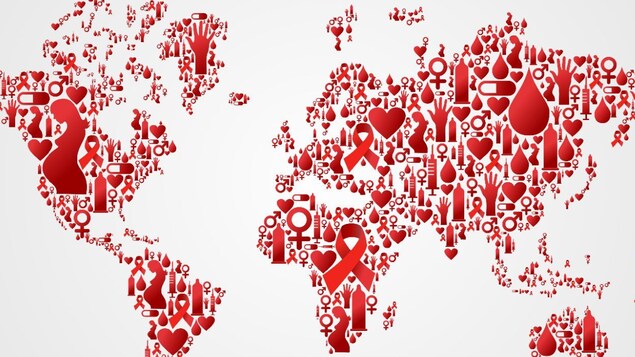Une mappemonde en rouge avec plusieurs représentations dont des médicaments et le ruban rouge, symbole de la lutte contre le sida.