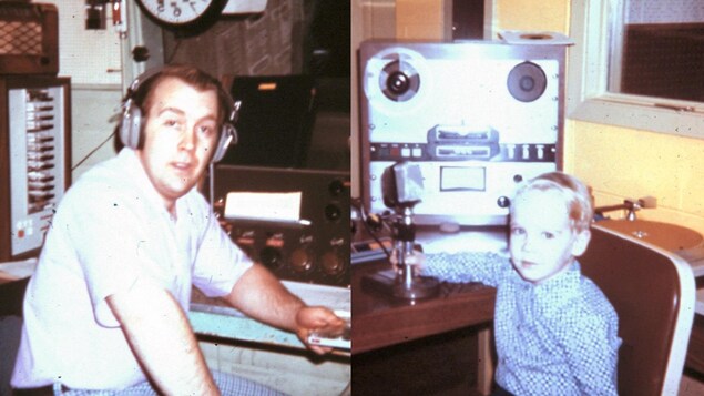 Montage de photos d'archives : Jean-Pierre à l'âge adulte et Marc, alors qu'il est enfant, sont tous les deux devant un micro et une console. 