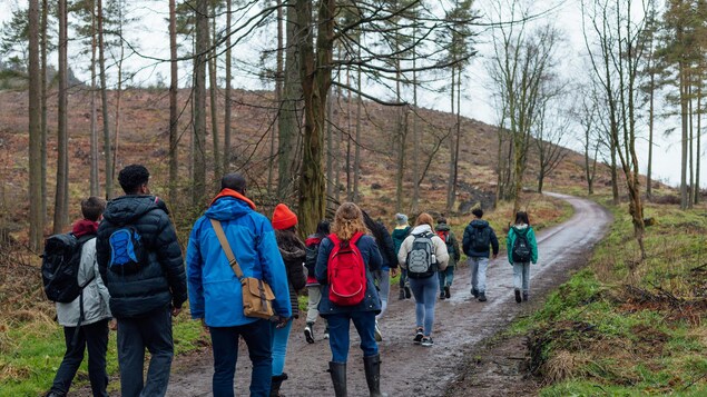 Des jeunes marchent dans la campagne avec des adultes qui sont des profs.