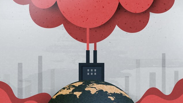 Image conceptuelle d'une usine crachant de la fumée générant de la pollution atmosphérique autour de la planète Terre. 