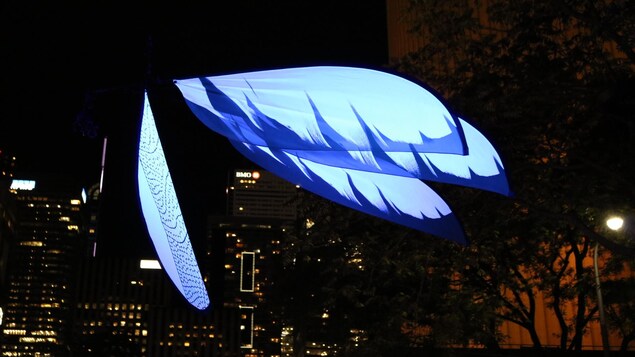 Des ailes de libellules fabriquées en tissu bleu sont illuminées le soir, à l'extérieur. 