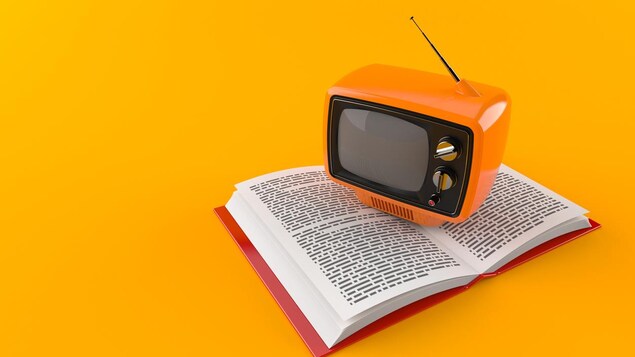 Old TV on open book isolated on orange background. 3d illustration