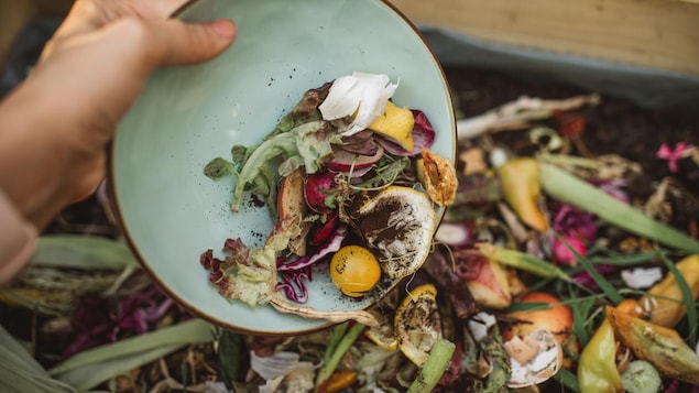 Une personne met au compost des restants d'aliments.
