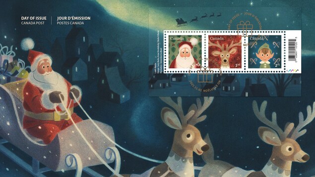 Les timbres festifs de Postes Canada en 2021, avec un père Noël, un renne, et un lutin.