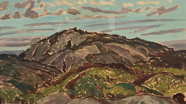 Un aperçu d'un tableau sans titre de l'artiste qui démontre les montagnes La Cloche.